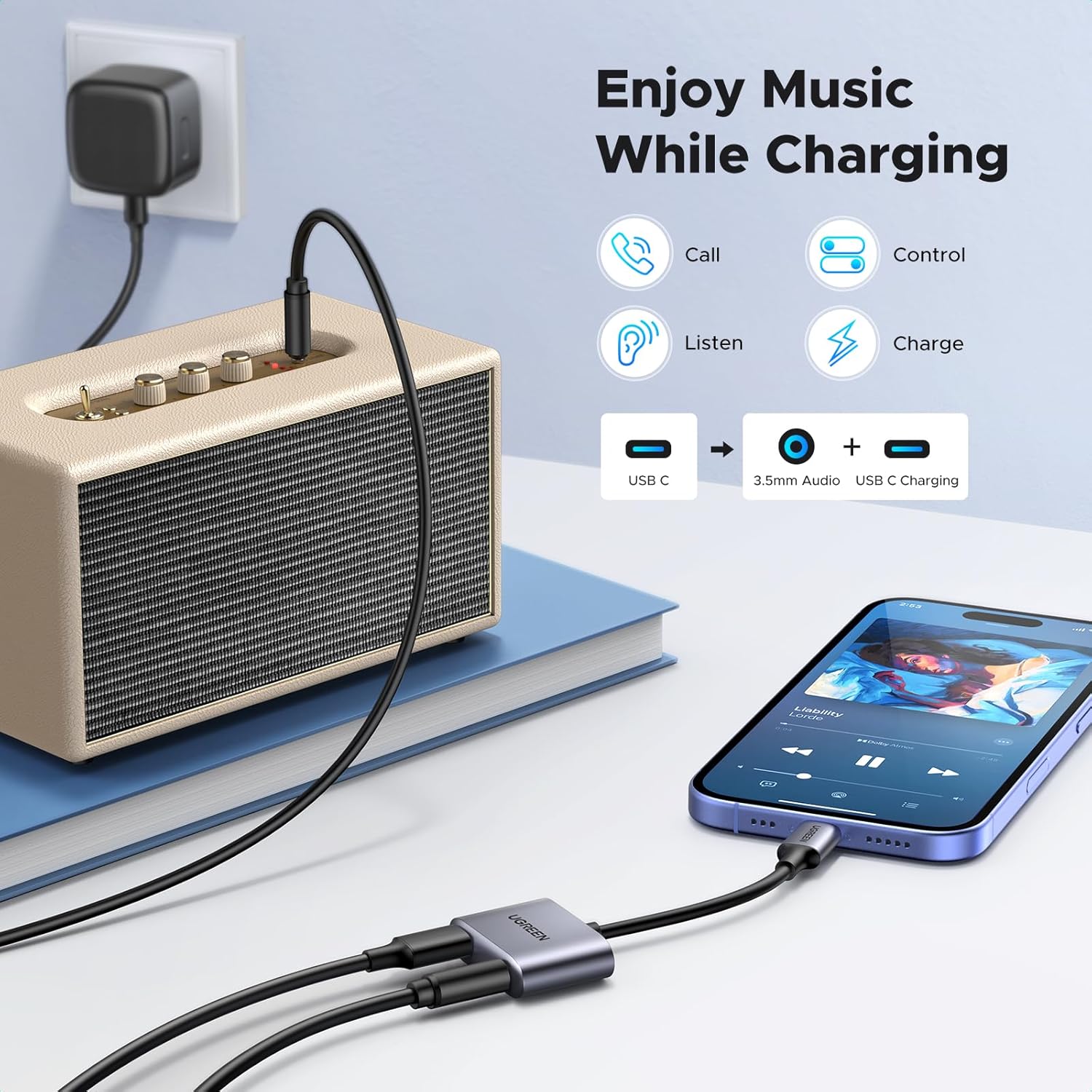 UGREEN 2 Ports USB-C Hub + 3.5mm Audio Black
