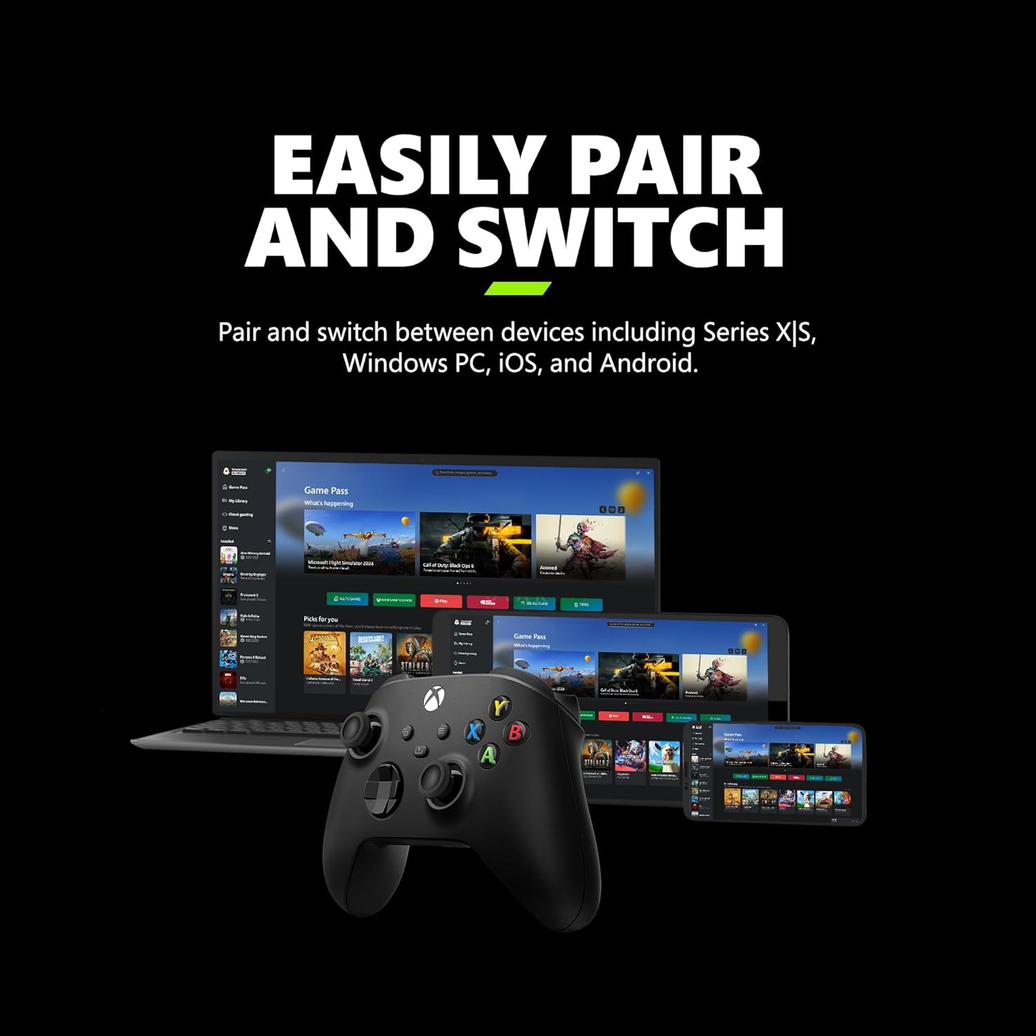 وحدة تحكم الألعاب اللاسلكية Xbox (2025) - Carbon Black - العب على Xbox وWindows وAndroid وiOS وFireTV Sticks وأجهزة التلفزيون الذكية وسماعات الواقع الافتراضي