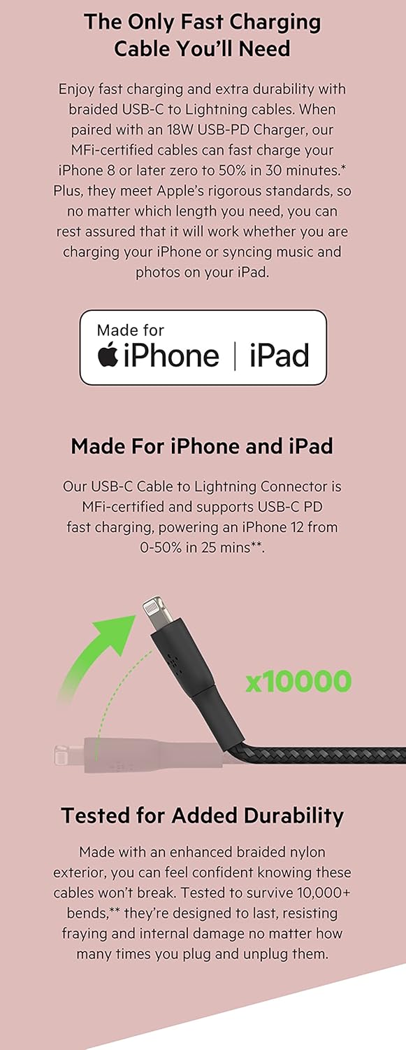 كابل شحن ومزامنة مضفر من Belkin Apple معتمد من Lightning إلى USB-C بطول 6.6 قدم / 2 متر، أبيض