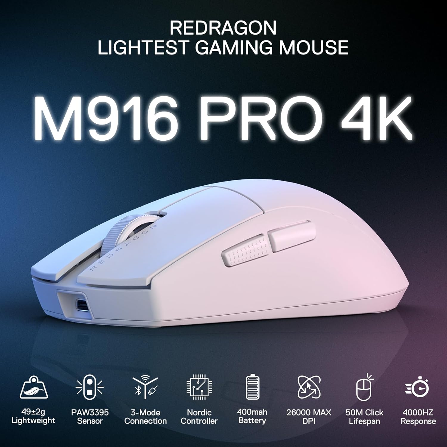 Redragon K1NG PRO 4K Triple‑Mode Ultra‑Light Gaming Mouse (White)