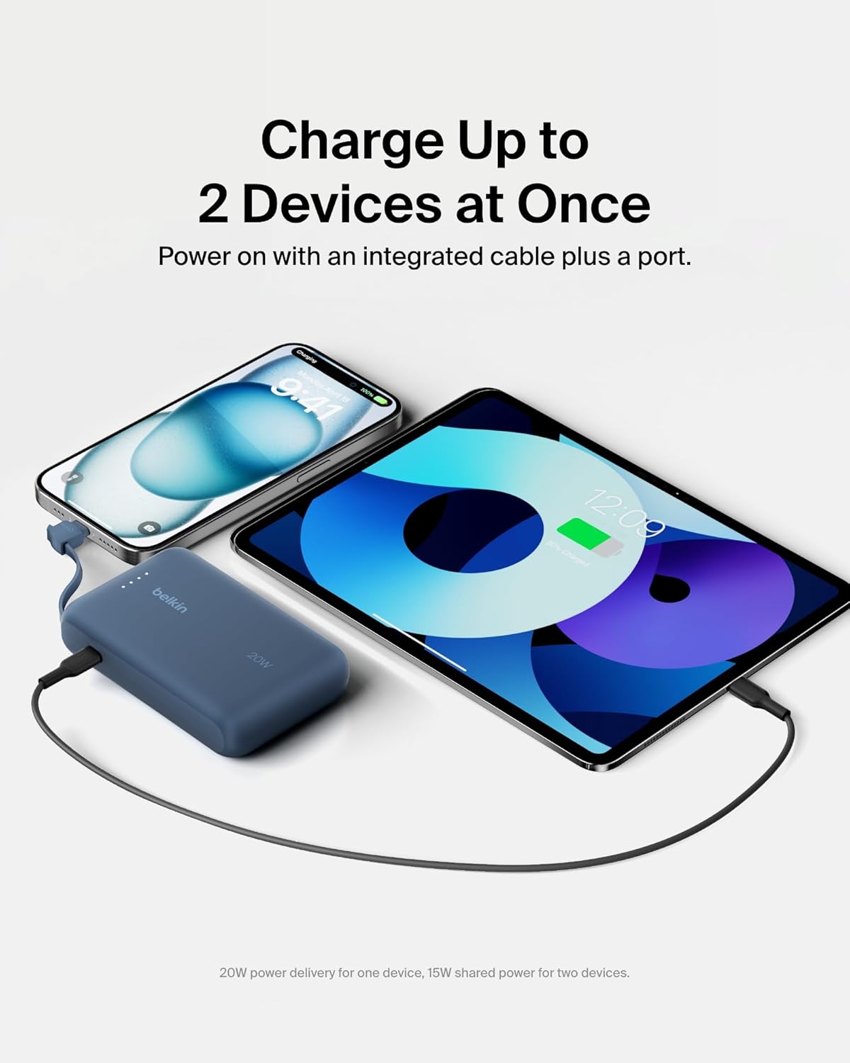 Belkin BoostCharge power bank 10000mAh, portable power bank with integrated cable PD 20W, fast charge USB-C power delivery, power bank fast charging for iPhone 16 series, iPad Pro, Galaxy S24 and more