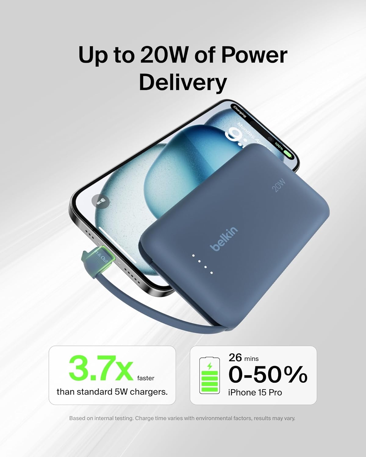 Belkin BoostCharge power bank 10000mAh, portable power bank with integrated cable PD 20W, fast charge USB-C power delivery, power bank fast charging for iPhone 16 series, iPad Pro, Galaxy S24 and more