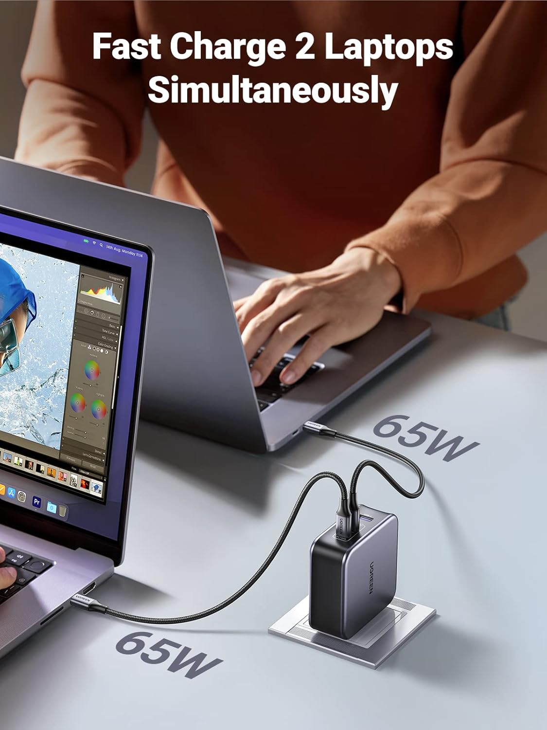 green USB-A + 2 USB-C 140W GaN Tech Fast Charger with C to C Cable 1.5m Grey