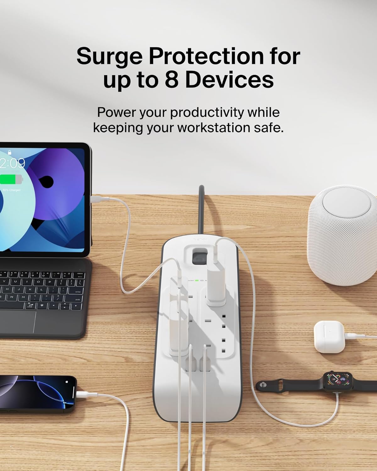 شريط حماية من زيادة التيار الكهربائي من Belkin بستة اتجاهات بطول مترين مع منفذي شحن USB بقوة 2.4 أمبير، باللون الأبيض