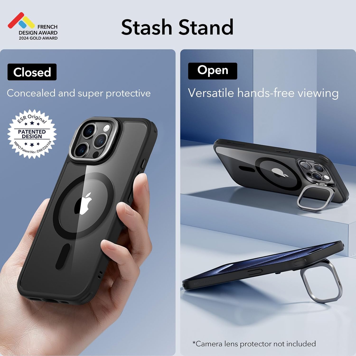 ESR for iPhone 15 Pro Max Case, Compatible with MagSafe, Military-Grade Protective Case, Built-in Stash Stand Phone Case Clear Black