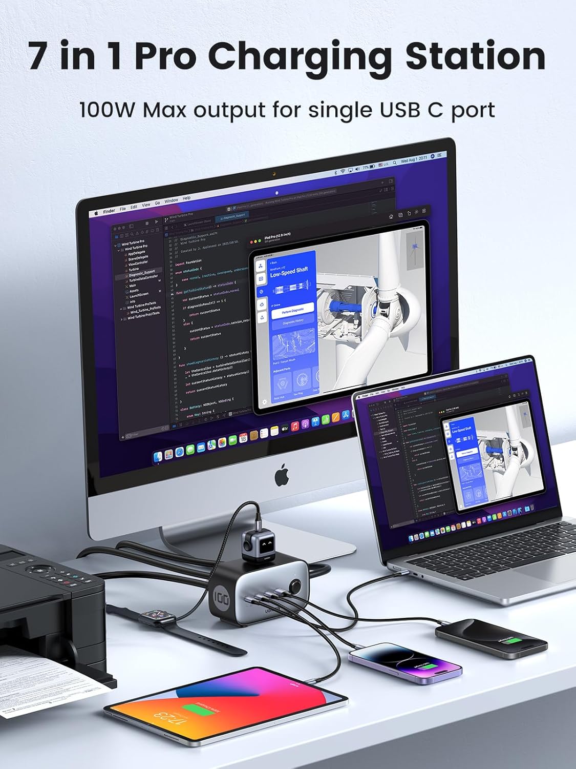 UGREEN 100W USB-C Charging Station with AC Outlet, Nexode 7-in-1 GaN Power Strip for Home and Office, with 3 AC, 3 USB C & 1 USB A, 6ft Extension Cord Black