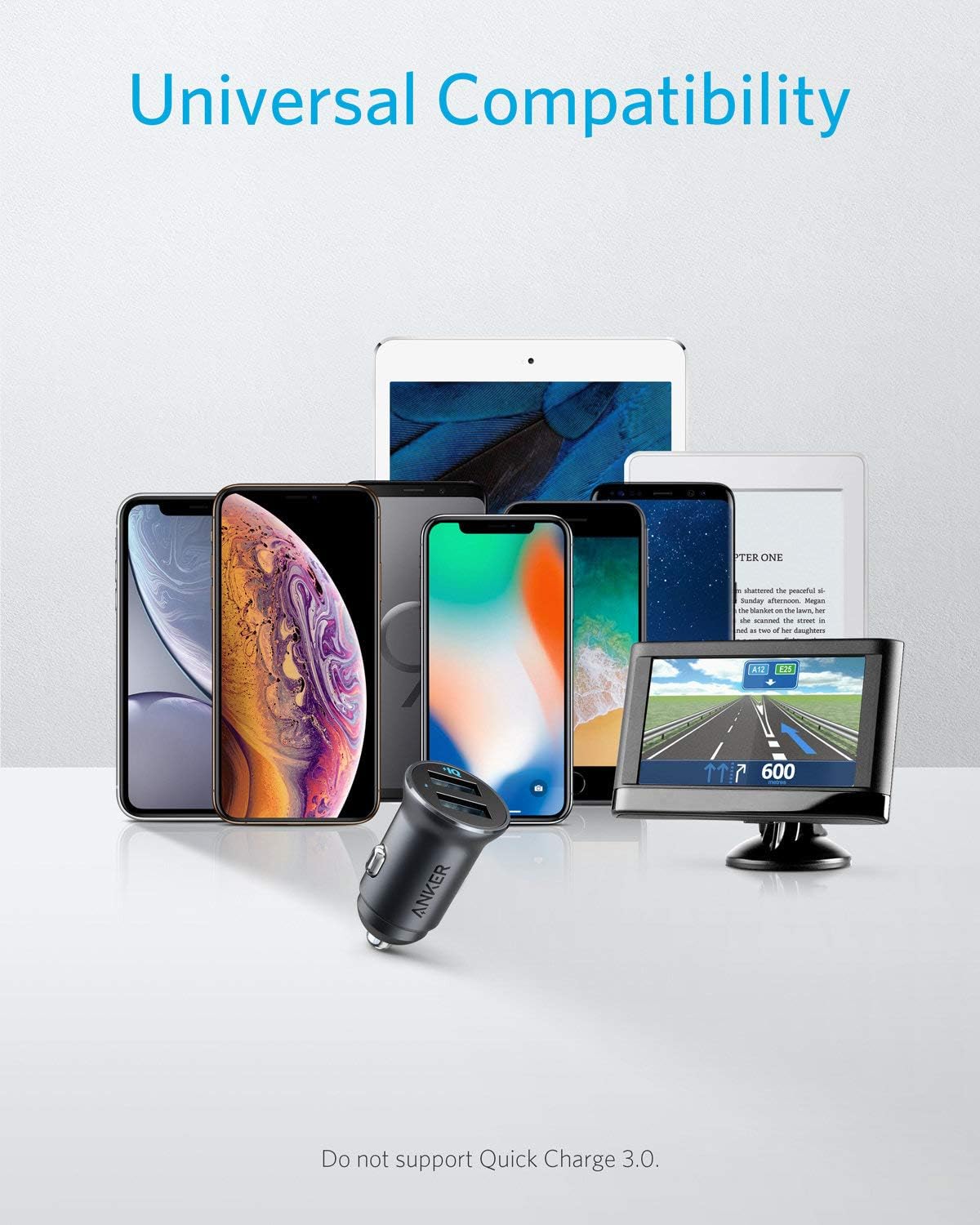 شاحن سيارة Anker 320 (24 واط II)، منفذ USB مزدوج صغير من سبائك الألومنيوم مع مصباح LED أزرق لسلسلة iPhone 16 15 14 13 12، iPad Pro/Air 2/Mini، Galaxy والمزيد - غير متوافق مع الشحن السريع (أسود)