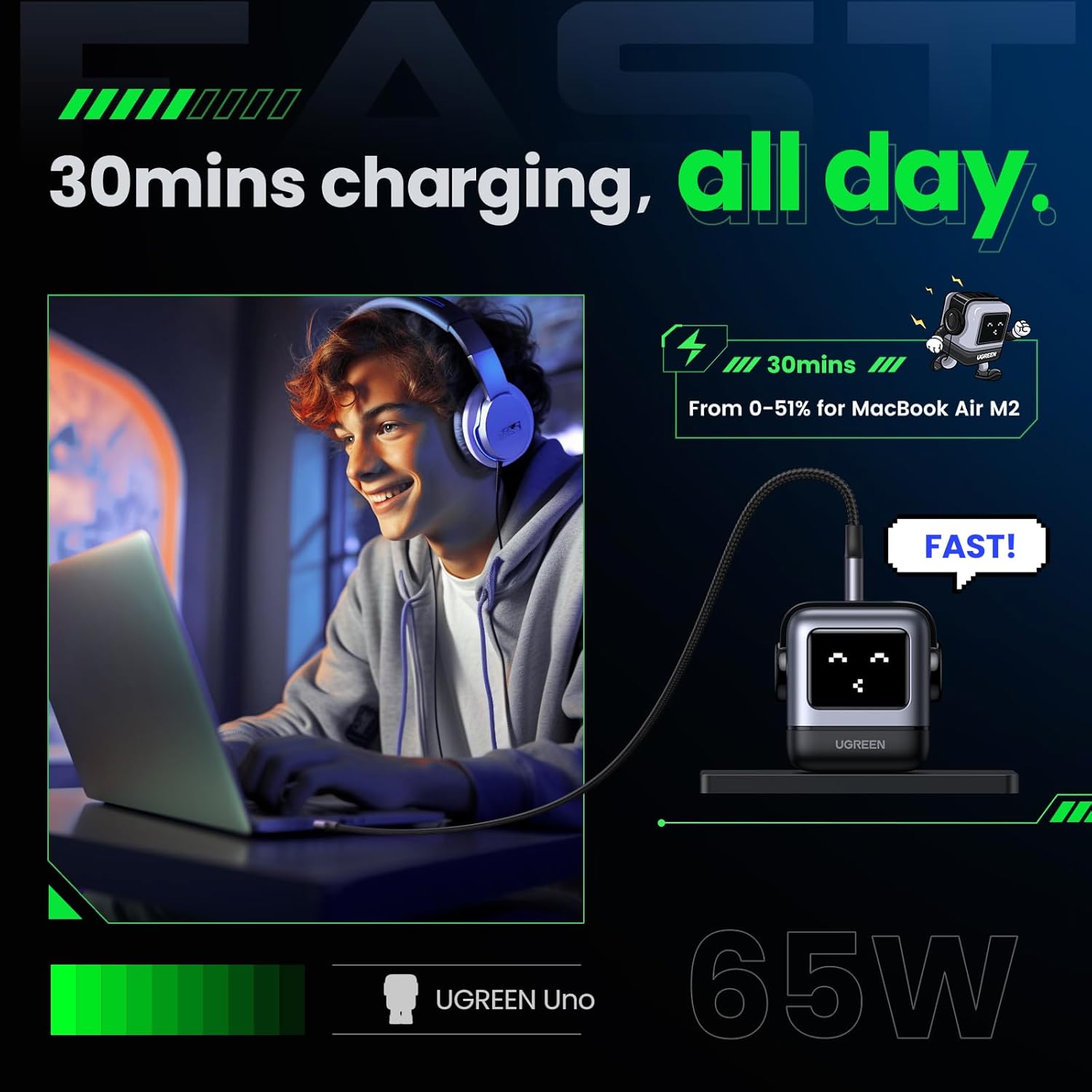 UGREEN Uno 65W USB C Charging Block Nexode 3-Port GaN Charger Compact Fast USB C Power Adapter Black