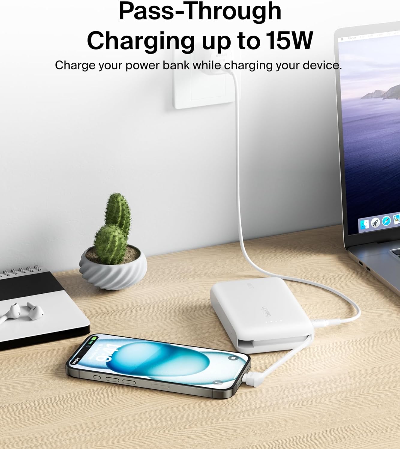 شاحن سريع من Belkin، محمول مع كابل مدمج 10K PD 20W - شحن سريع - توصيل طاقة C، شحن سريع لأجهزة iPhone وiPhone 16 Series وiPad Pro وGalaxy S24 والمزيد