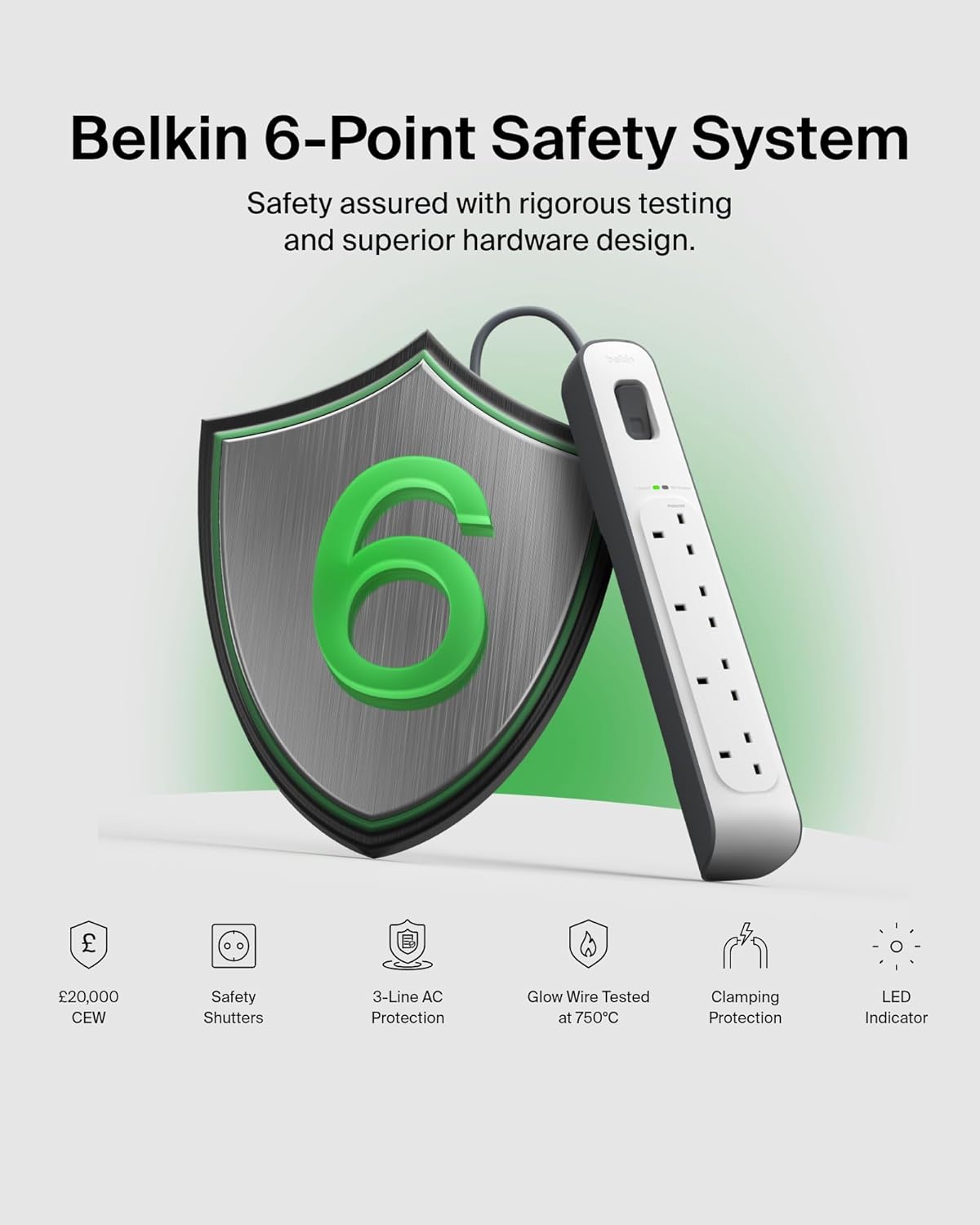شريط حماية من زيادة التيار الكهربائي Belkin 2.4 أمبير USB للشحن 8 منافذ أبيض