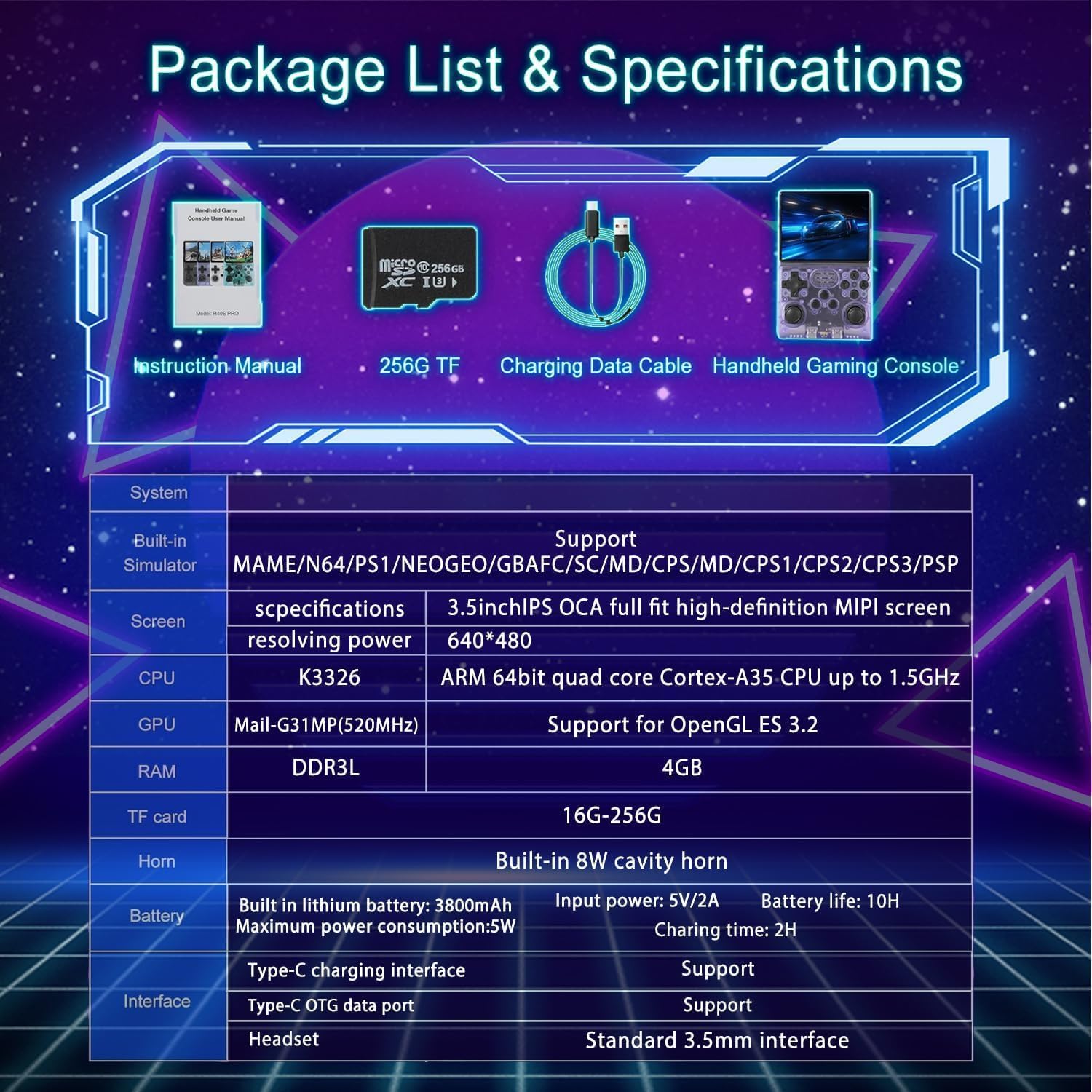 وحدة تحكم ألعاب محمولة R40S Pro Retro، شاشة IPS مقاس 3.5 بوصة، وحدة تحكم ألعاب محمولة ببطارية 3800 مللي أمبير في الساعة، نظام Linux مع بطاقة 256 جيجابايت وأكثر من 30000 لعبة (أبيض)