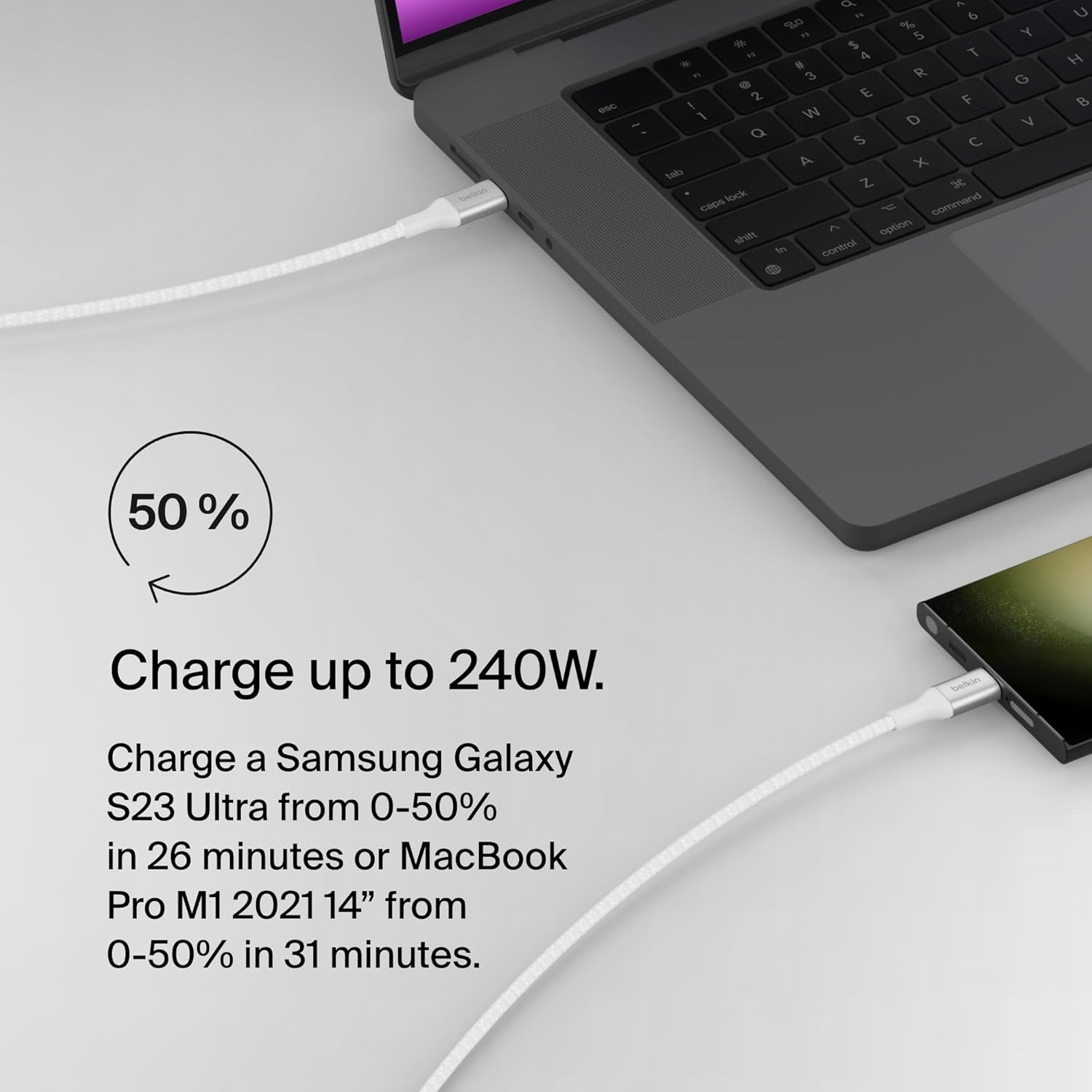 Belkin Boost Charge USB C to USB C Cable, 3.3ft, 240W 1m Type C Charger White