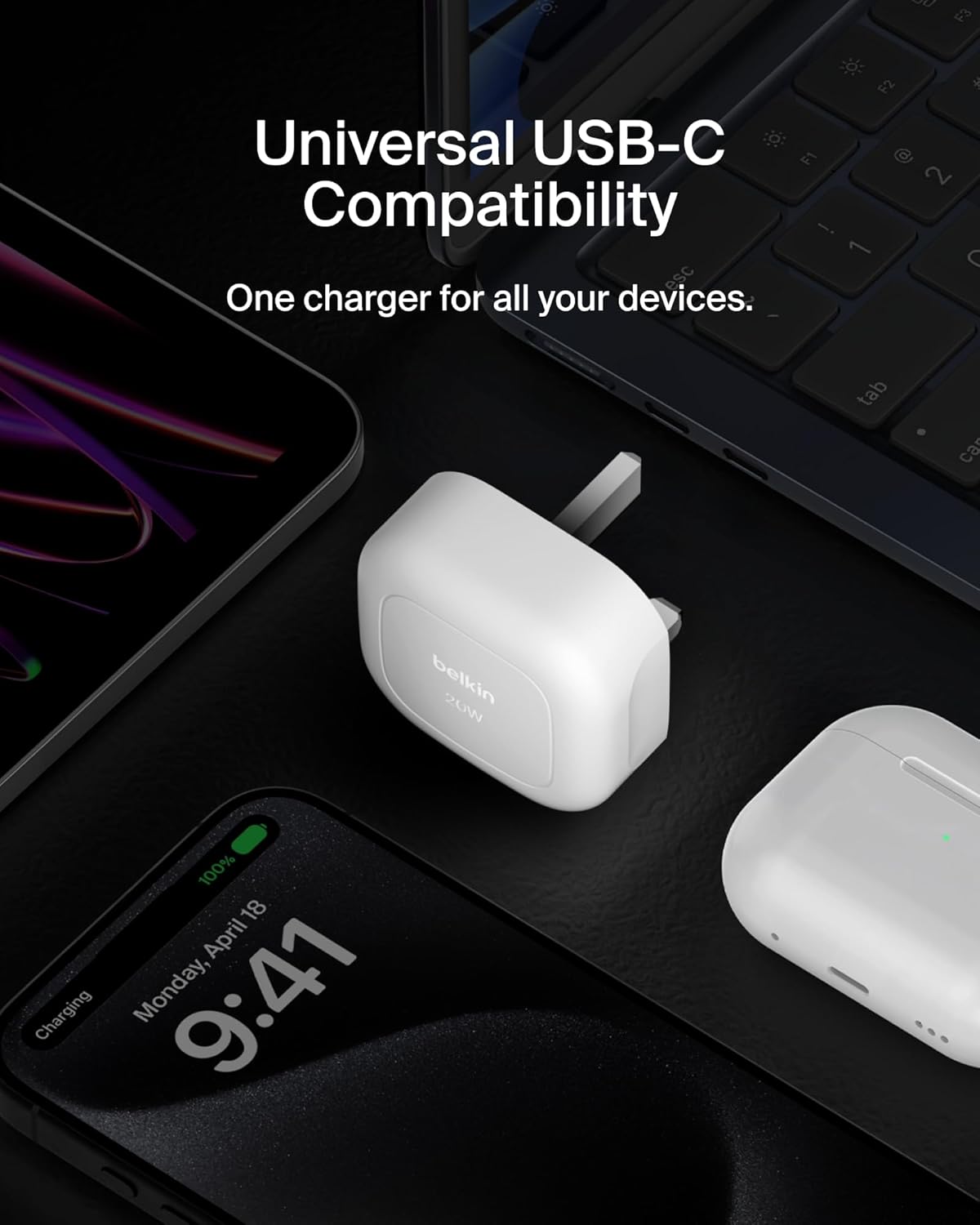 شاحن حائط مكعب Belkin Boost Charge 20W USB-C Power 1m أبيض 