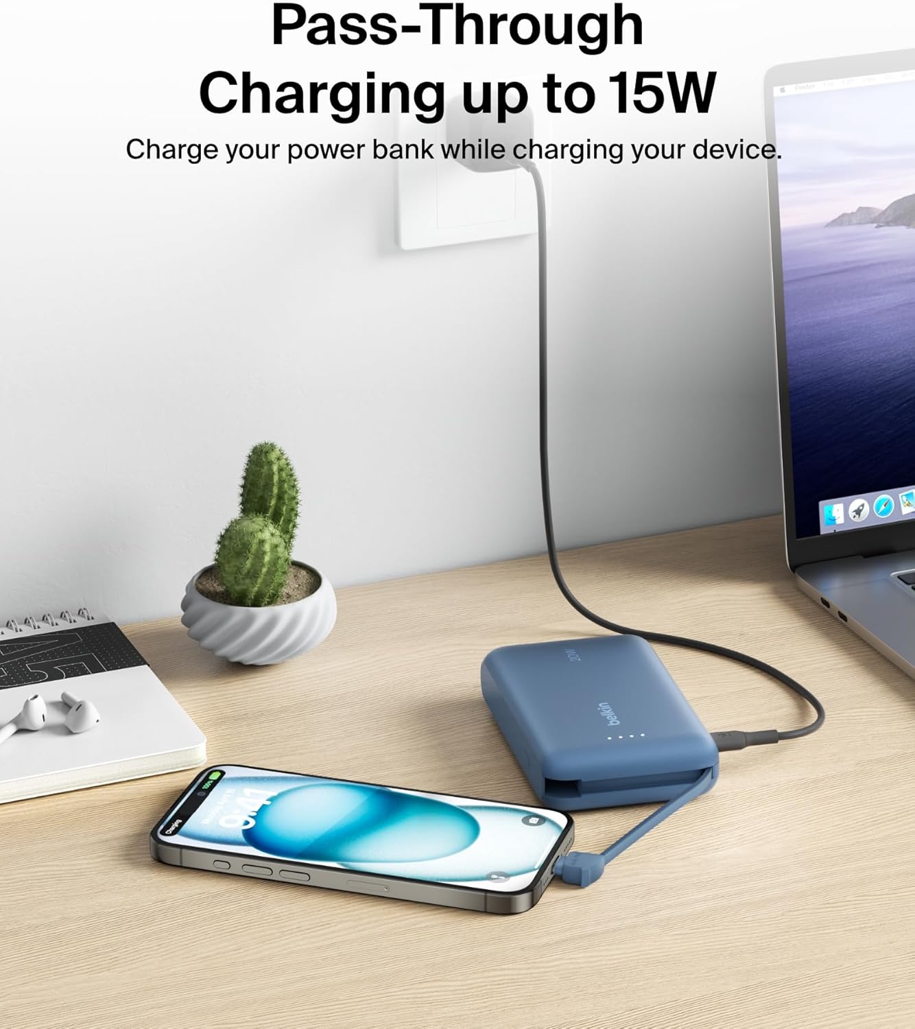 Belkin BoostCharge power bank 10000mAh, portable power bank with integrated cable PD 20W, fast charge USB-C power delivery, power bank fast charging for iPhone 16 series, iPad Pro, Galaxy S24 and more