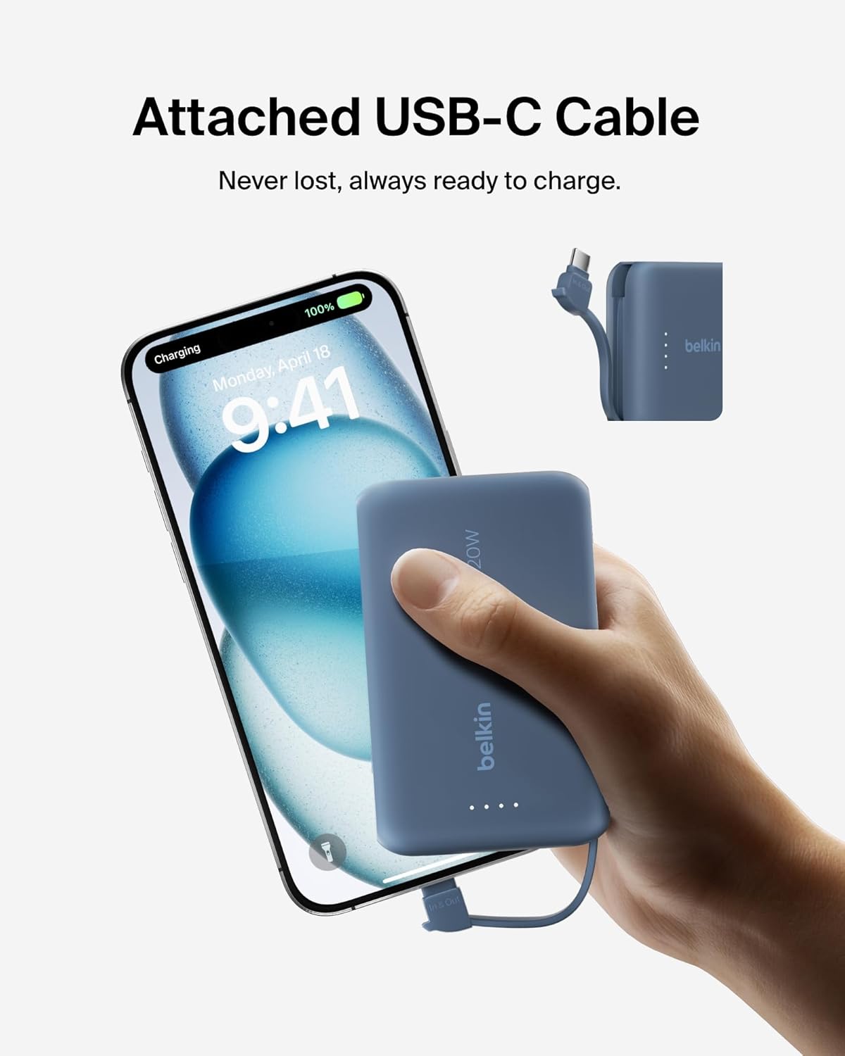 Belkin BoostCharge power bank 10000mAh, portable power bank with integrated cable PD 20W, fast charge USB-C power delivery, power bank fast charging for iPhone 16 series, iPad Pro, Galaxy S24 and more