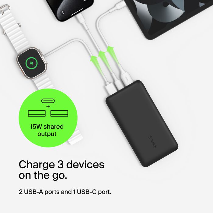 Belkin Portable Charger, USB C Power Bank 10000 mAh w/ 2xUSB-A Ports, 15W w/ Type-C to Type-A Cable Black