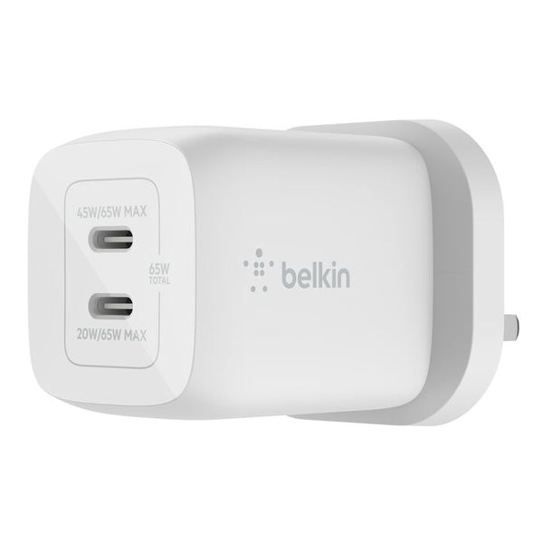 شاحن حائط Belkin Boost Charge Pro Dual USB-C® Gan مع PPS 65W أبيض 