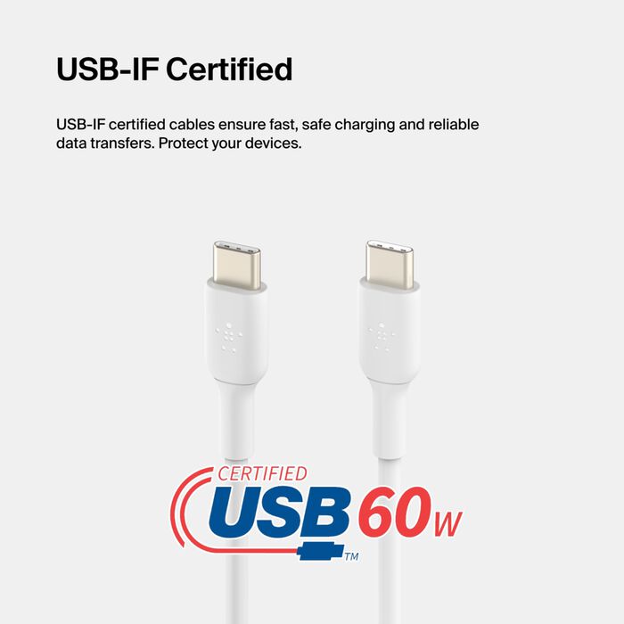 كابل Belkin Boost Charge 60W USB-C إلى USB-C بطول 1 متر أبيض