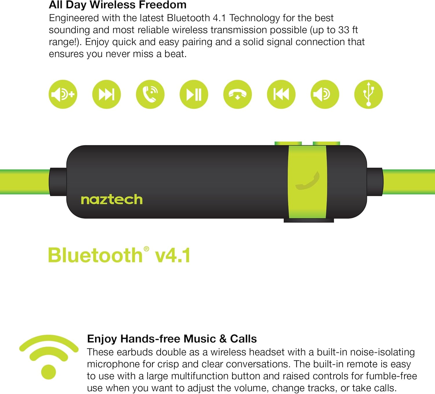 سماعات أذن لاسلكية NX80 من Naztech باللون الأسود الليموني مقاس واحد