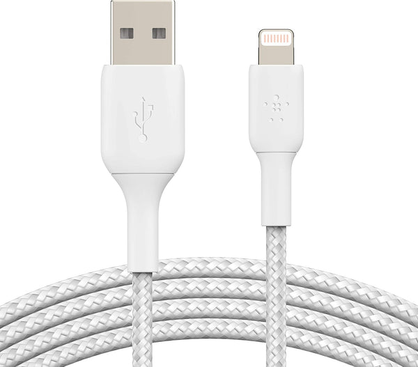 كابل Belkin 3 متر Boost Charge المضفر من Lightning إلى USB-A باللون الأبيض