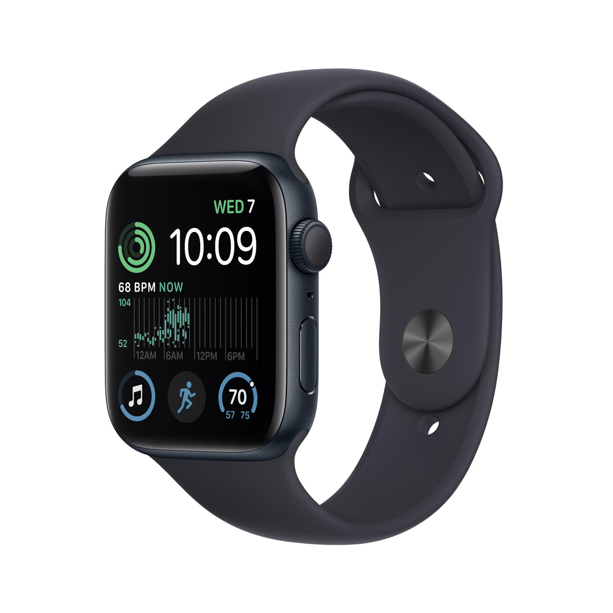 ساعة Apple Watch SE 2022 GPS مقاس 44 مم، هيكل من الألومنيوم منتصف الليل مع سوار رياضي منتصف الليل عادي 