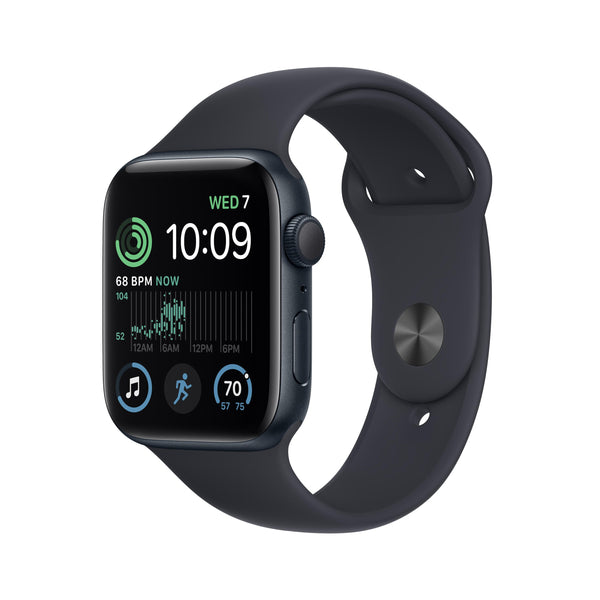 ساعة Apple Watch SE 2022 GPS مقاس 44 مم، هيكل من الألومنيوم منتصف الليل مع سوار رياضي منتصف الليل عادي 