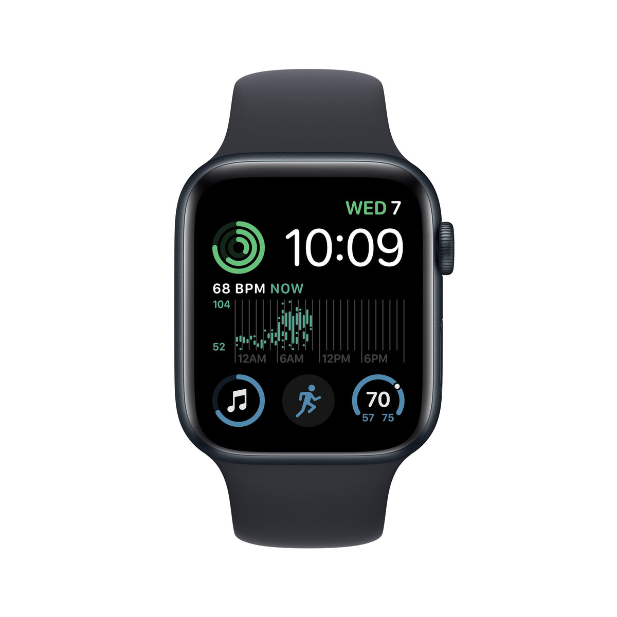 ساعة Apple Watch SE 2022 GPS مقاس 44 مم، هيكل من الألومنيوم منتصف الليل مع سوار رياضي منتصف الليل عادي 