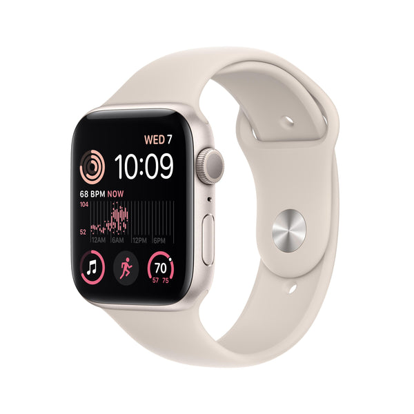 ساعة Apple Watch SE 2022 GPS مقاس 44 مم مع هيكل Starlight من الألومنيوم وسوار Starlight الرياضي 