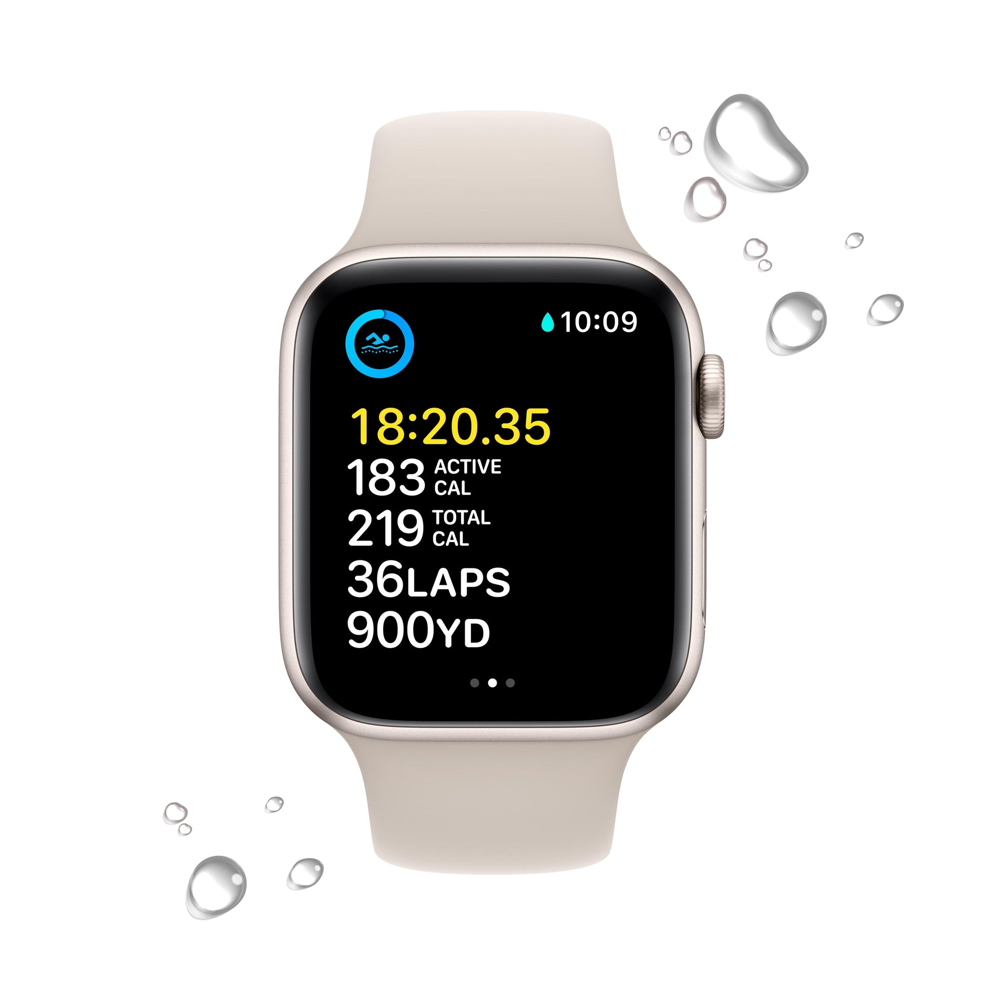 ساعة Apple Watch SE 2022 GPS مقاس 44 مم مع هيكل Starlight من الألومنيوم وسوار Starlight الرياضي 
