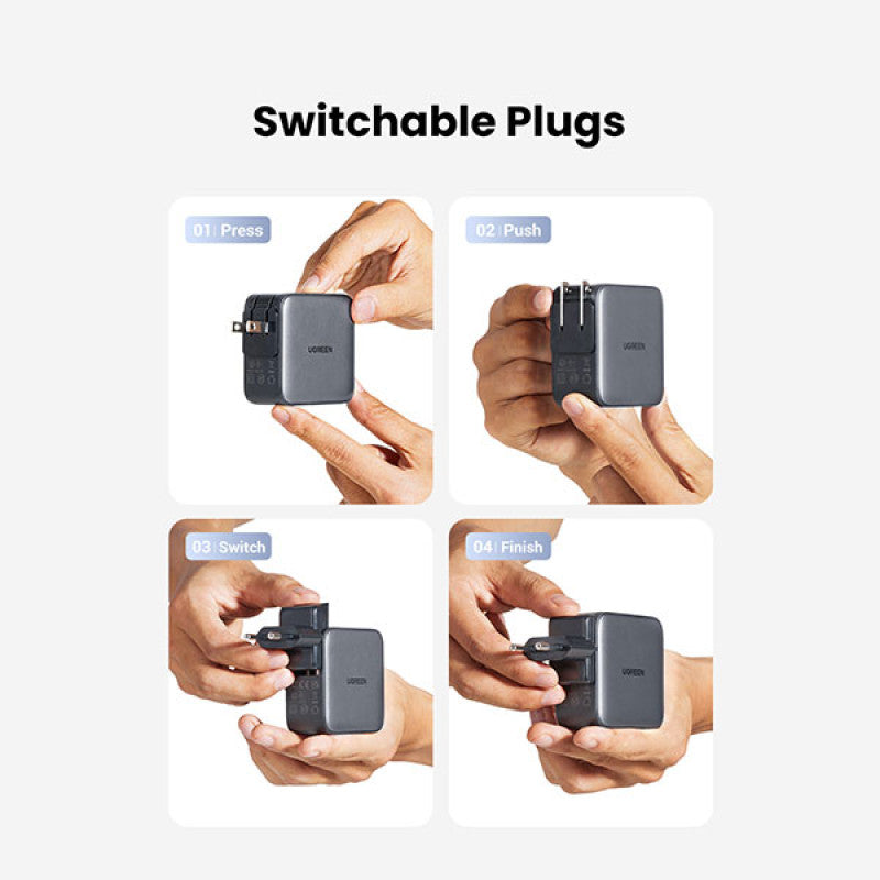 UGREEN USB-A + 2 USB-C 65W GaN Charger with Interchangeable UK/US/EU Plugs Black