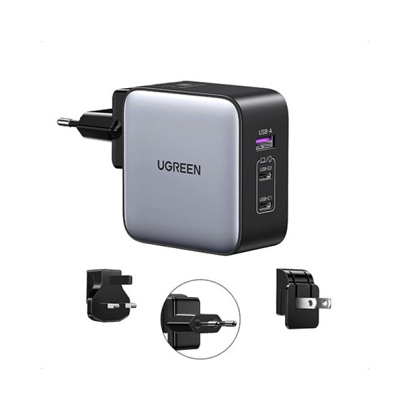 UGREEN USB-A + 2 USB-C 65W GaN Charger with Interchangeable UK/US/EU Plugs Black