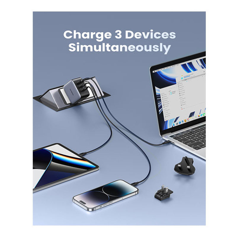 UGREEN USB-A + 2 USB-C 65W GaN Charger with Interchangeable UK/US/EU Plugs Black