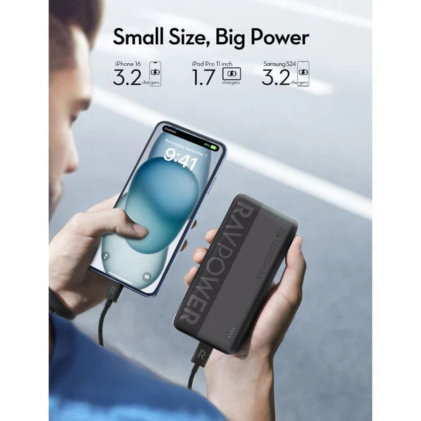 بنك طاقة RAVPower PB1229 سعة 20,000 مللي أمبير/ساعة - منفذ USB-C مزدوج، USB-A، شحن سريع PD 20 وات، أسود