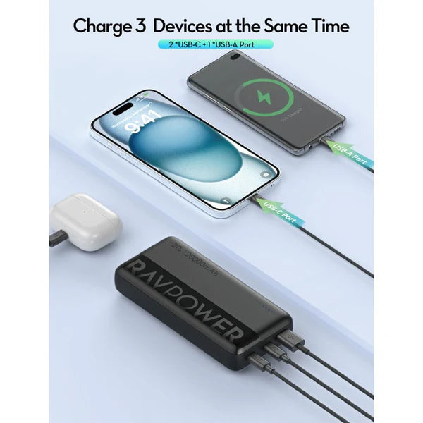 بنك طاقة RAVPower PB1229 سعة 20,000 مللي أمبير/ساعة - منفذ USB-C مزدوج، USB-A، شحن سريع PD 20 وات، أسود