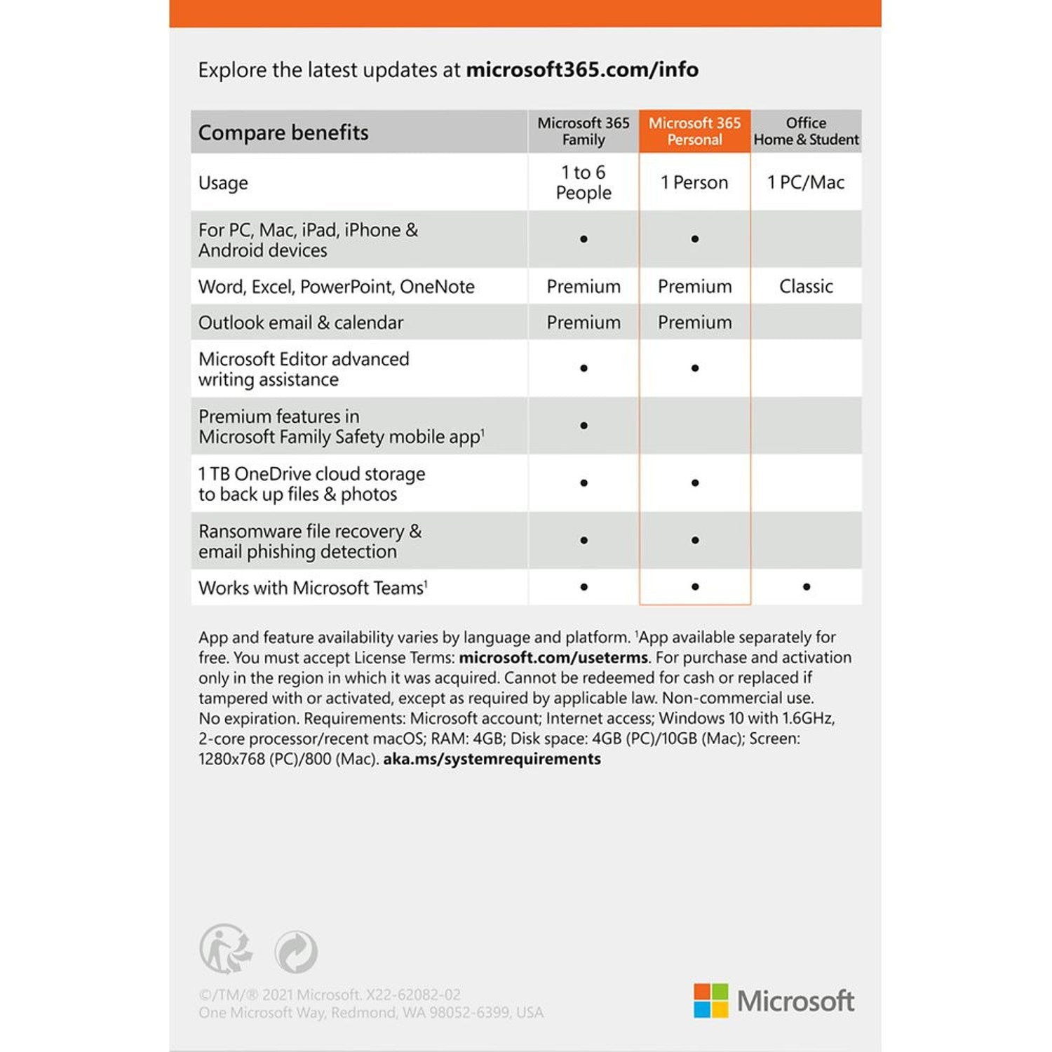 Microsoft Office 365 English ME Personal Software 1 Year