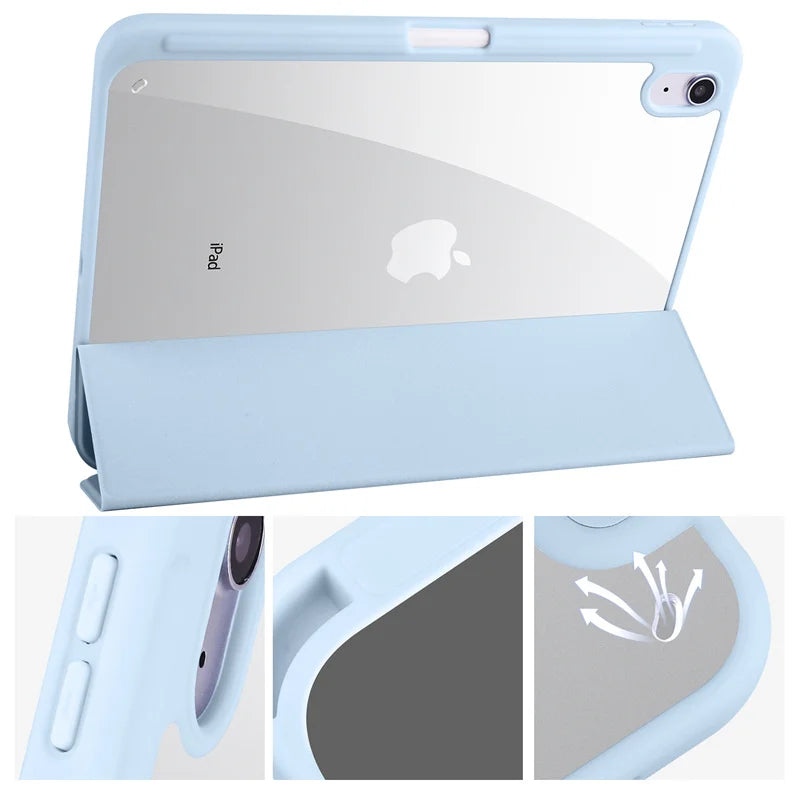 iPad 11th Gen A16 Case with Pen Holder Trifold Acrylic Clear Back Hard Cover Gray Color