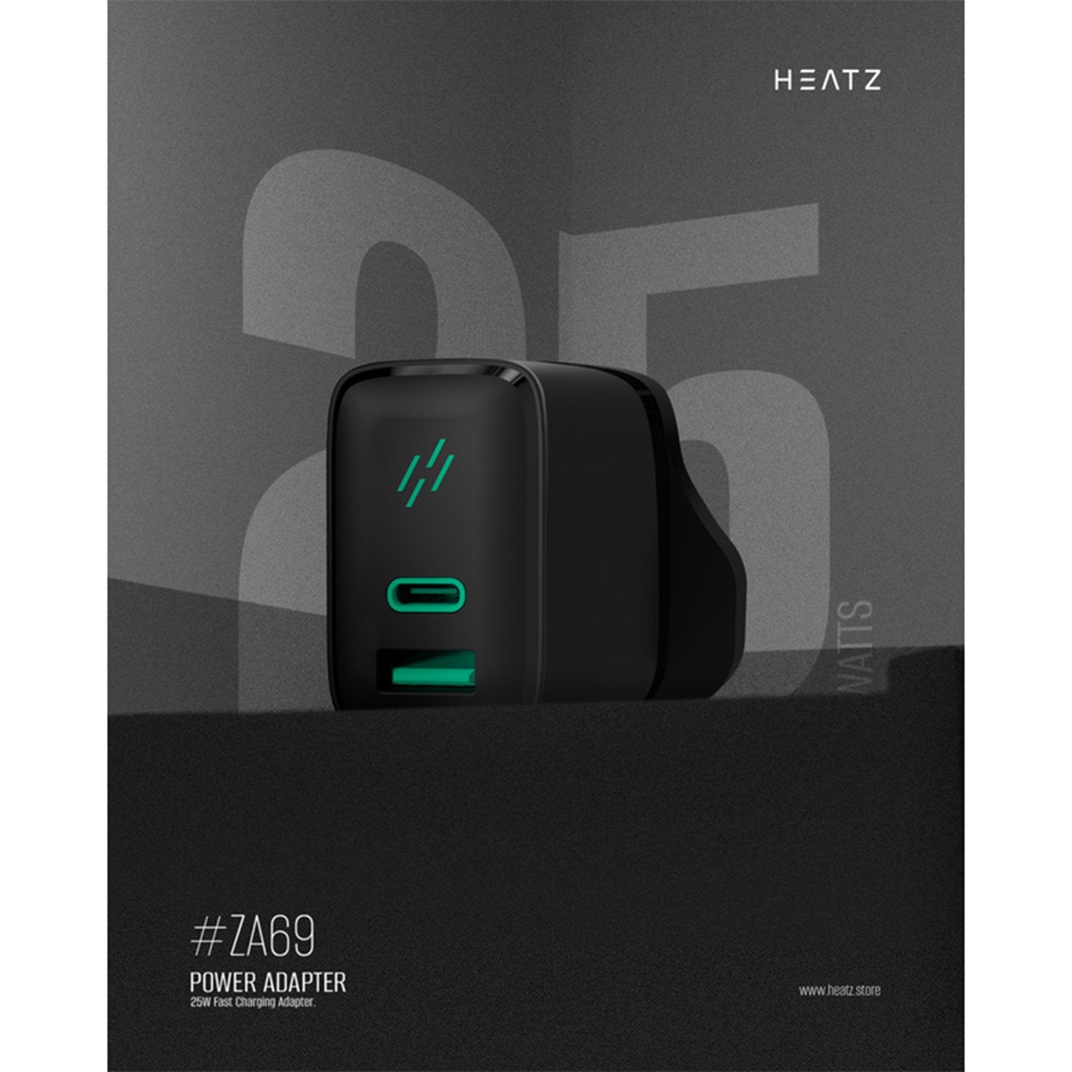Heatz Dual Port Fast Charger With Type C to C Cable 1m Black
