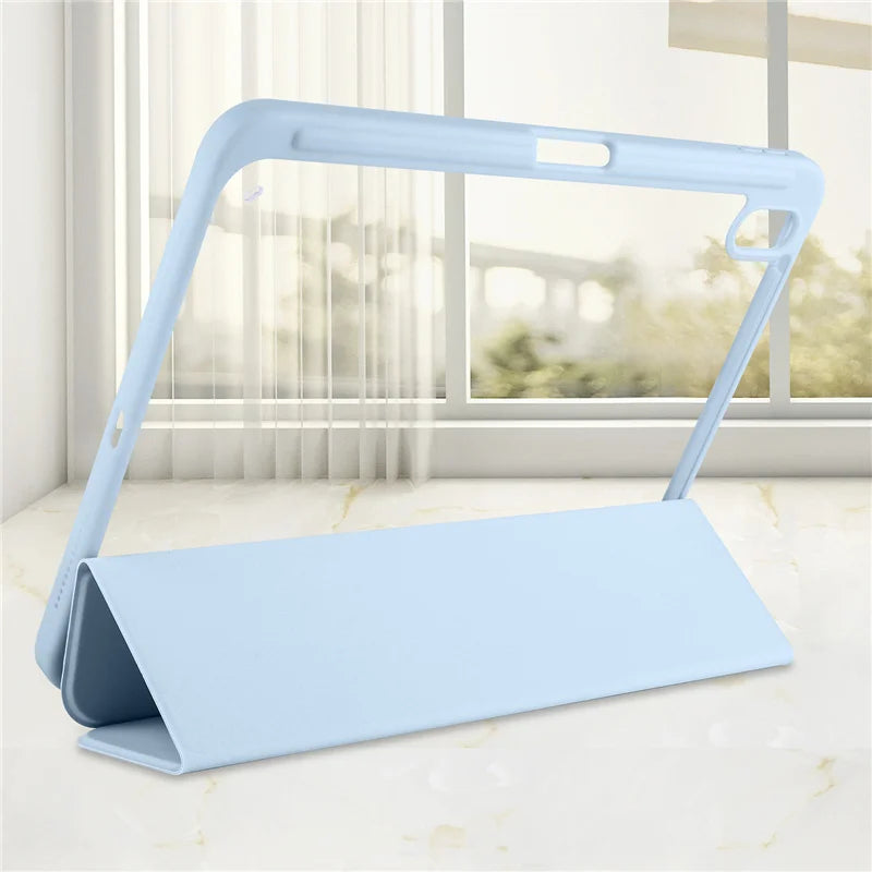 iPad 11th Gen A16 Case with Pen Holder Trifold Acrylic Clear Back Hard Cover Gray Color