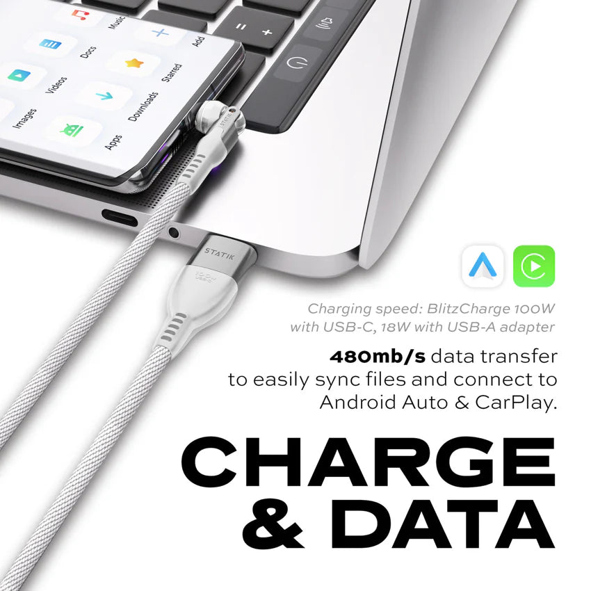 Statik PowerPivot Pro Nylon Braided 1M (3.3ft) Cable USB-C to USB-C White