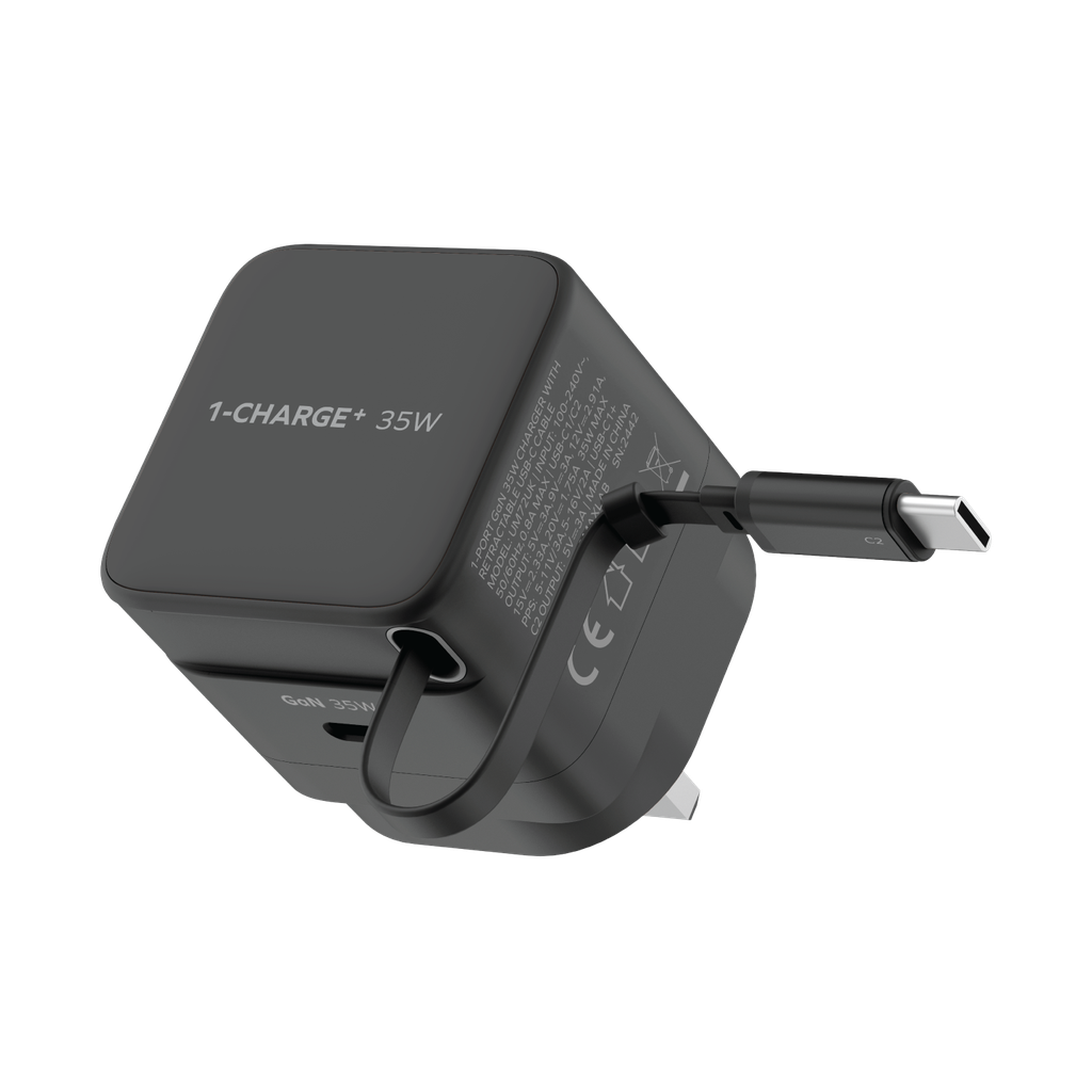 Momax UM72UKD 1-Charge+ 35W 1-Port GaN Charger with Retractable USB-C Cable - Black