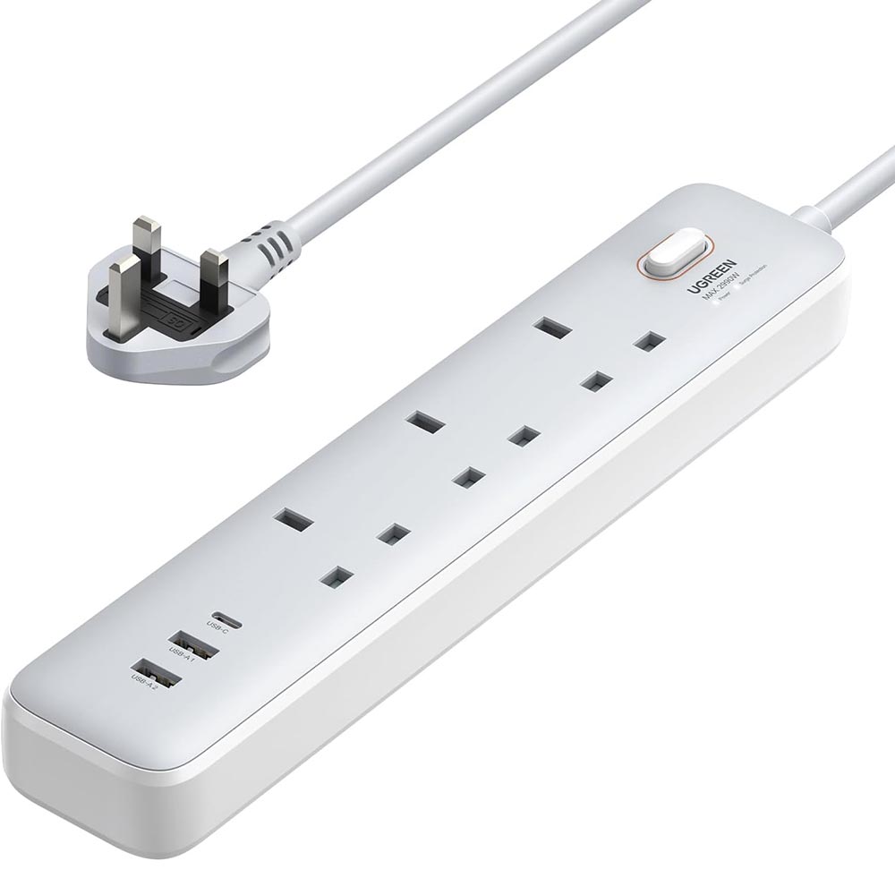 UGREEN 30W 3 AC Power Strip with Master Switch UK-PLUG White
