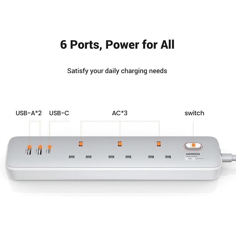 UGREEN 30W 3 AC Power Strip with Master Switch UK-PLUG White