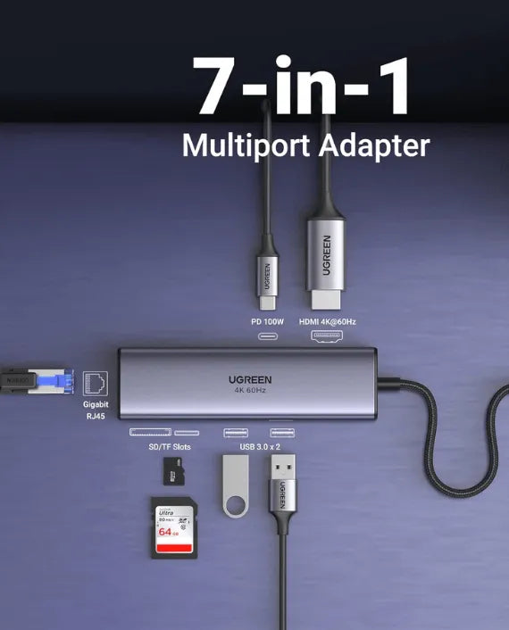 UGREEN 7-in-1 USB-C Hub 4K@60Hz Type C to HDMI Dongle with Gigabit Ethernet