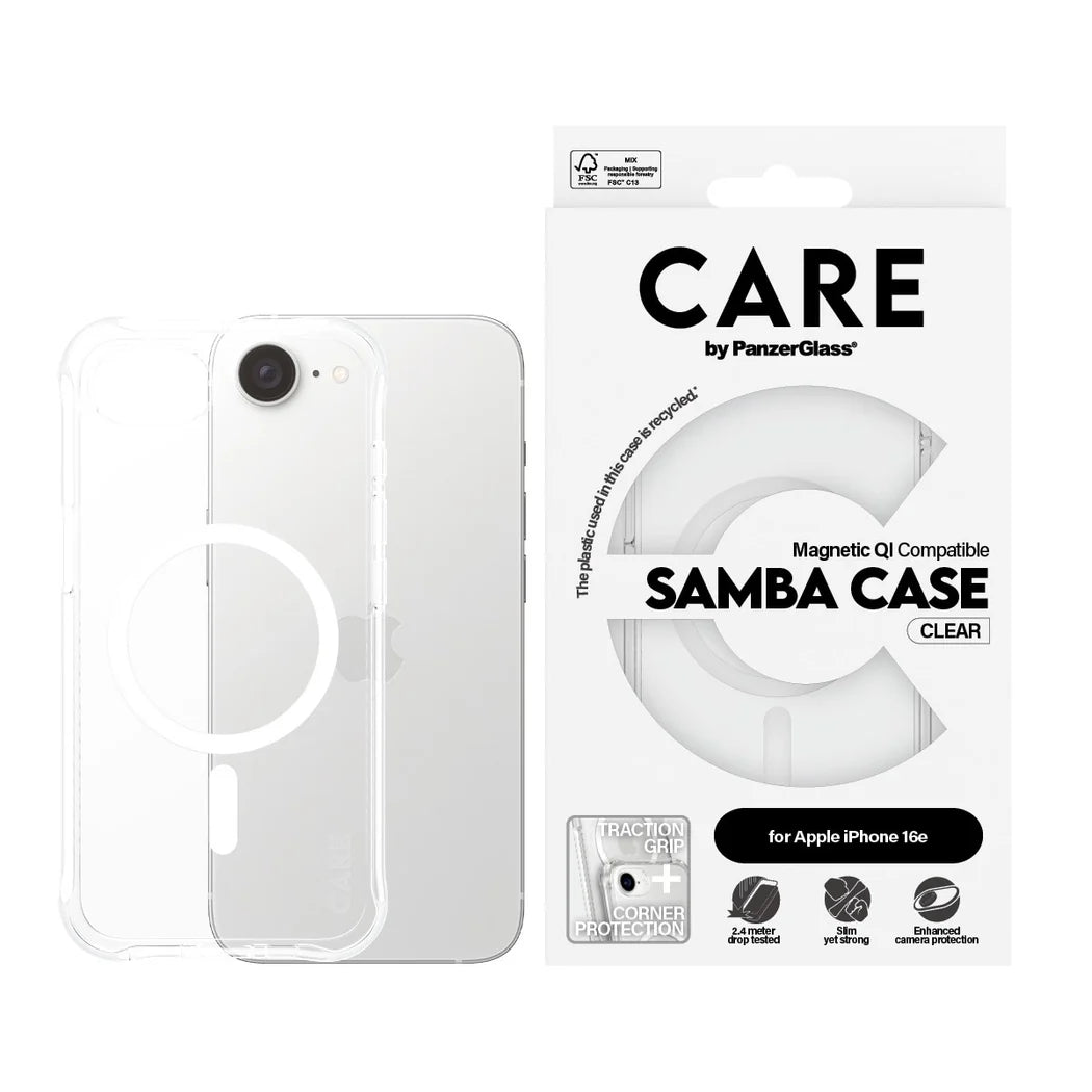 CARE by PanzerGlass Fashionable Case Samba Transparent w. White Qi Compatible iPhone 16e