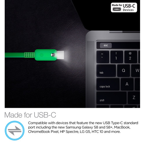 Naztech USB Type-C to Type-A Charge/Sync Cable with LED Light (6', Green)