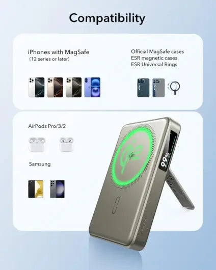 ESR Qi2 Mag Slim Kickstand 15W Power Bank with MagSafe 10000mAh Titanium