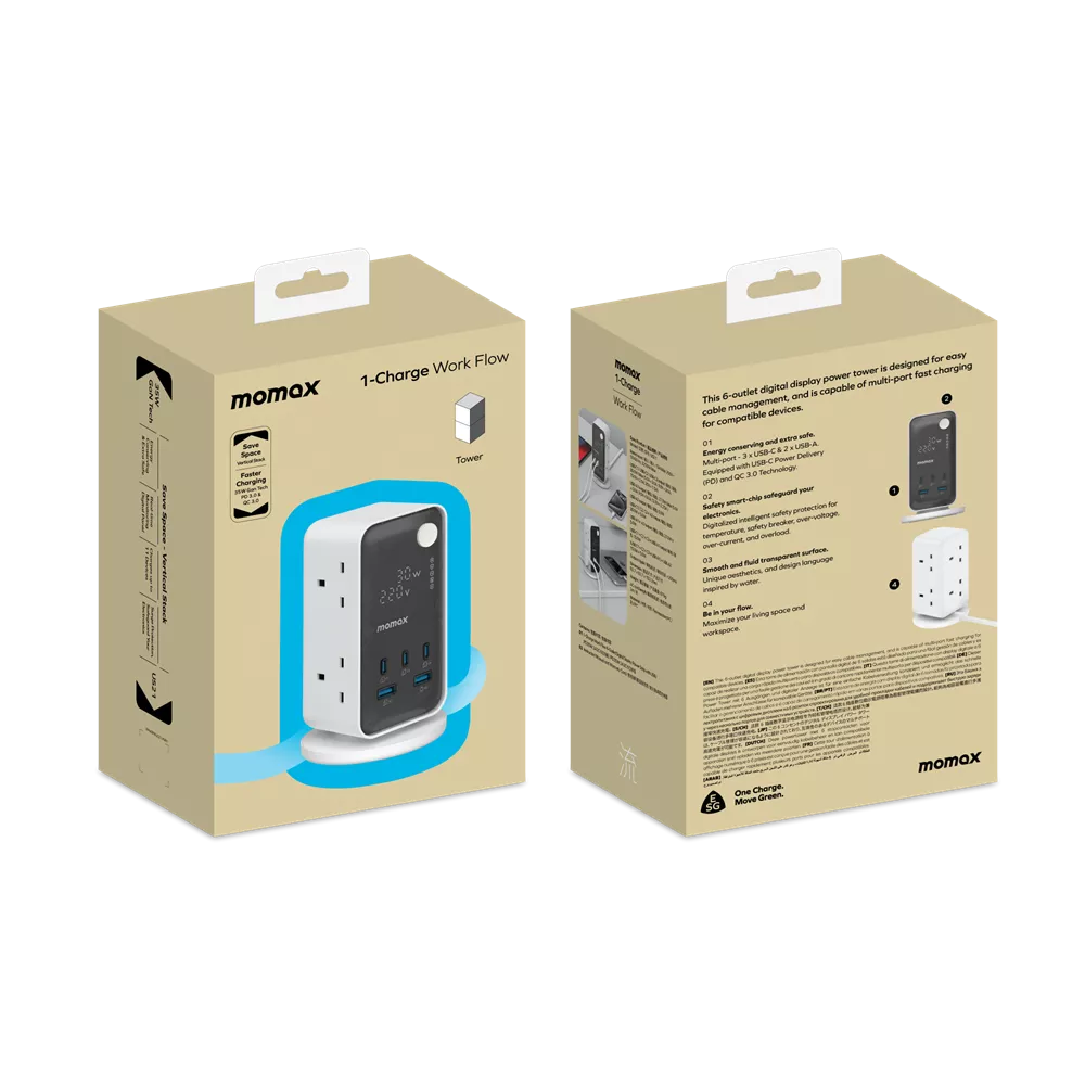 MOMAX 1-CHARGE WORK FLOW 6-OUTLET DIGITAL DISPLAY POWER TOWER WITH USB