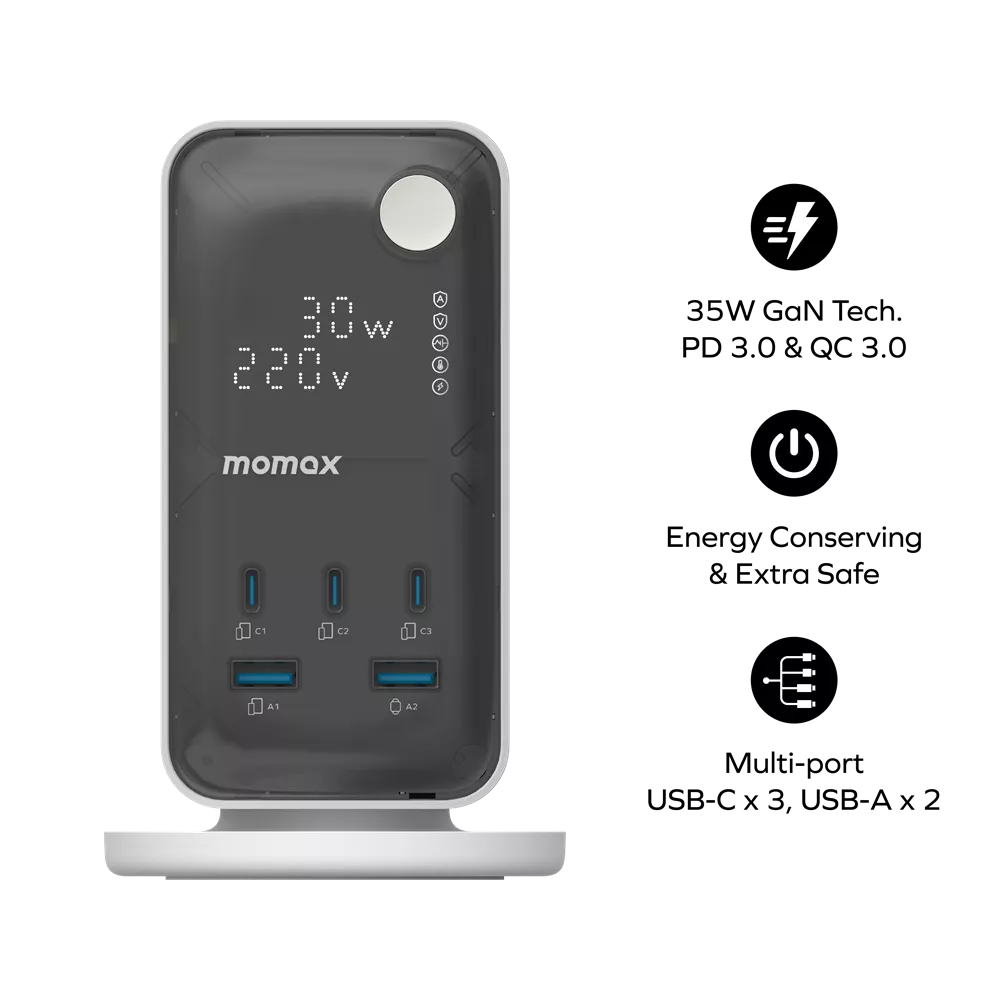 MOMAX 1-CHARGE WORK FLOW 6-OUTLET DIGITAL DISPLAY POWER TOWER WITH USB