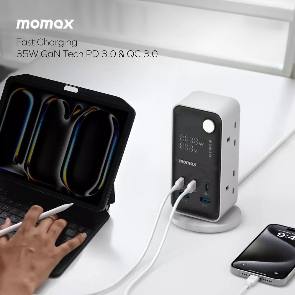 MOMAX 1-CHARGE WORK FLOW 6-OUTLET DIGITAL DISPLAY POWER TOWER WITH USB