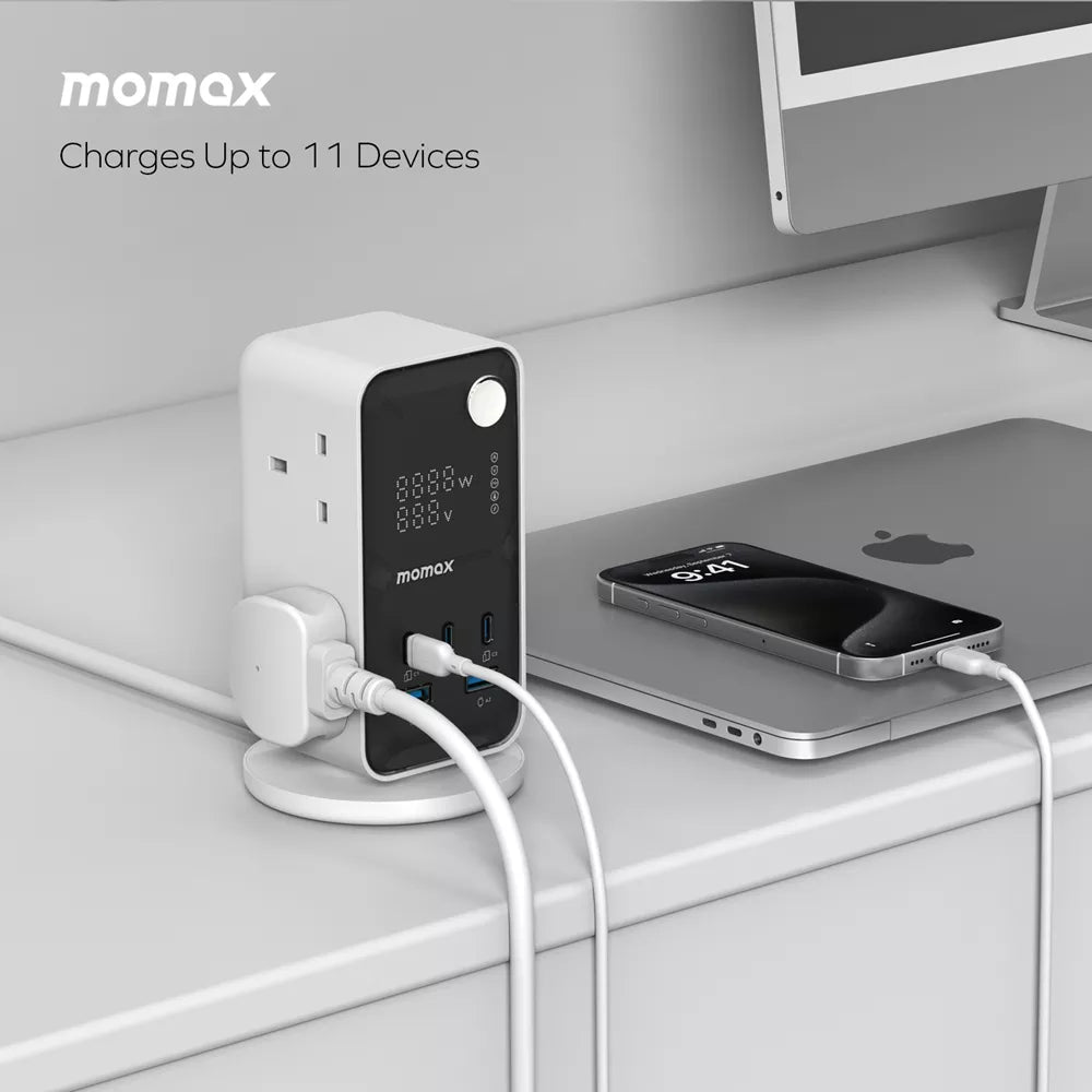 MOMAX 1-CHARGE WORK FLOW 6-OUTLET DIGITAL DISPLAY POWER TOWER WITH USB